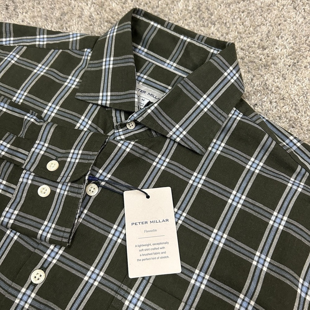 Peter Millar Vernon Flannelite Shirt Mens Medium Flannel Cotton Plaid Green New